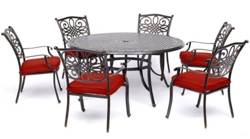 Hanover Traditions Red 7-Piece Outdoor Dining Set w/ Six Dining Chairs & 60" Cast-Top Table