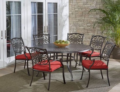 Hanover Traditions Red 7-Piece Outdoor Dining Set w/ Six Dining Chairs & 60" Cast-Top Table - Image 2