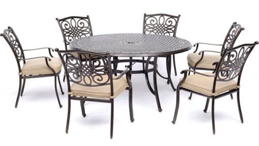Hanover Traditions Tan 7-Piece Outdoor Dining Set w/ Six Dining Chairs & 60" Cast-Top Table