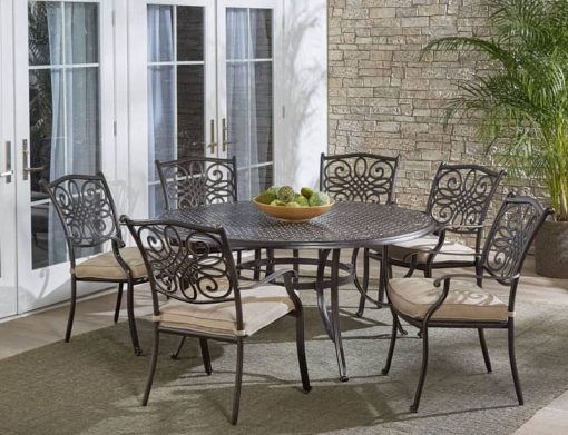 Hanover Traditions Tan 7-Piece Outdoor Dining Set w/ Six Dining Chairs & 60" Cast-Top Table - Image 2