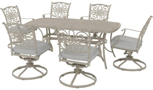 Hanover Traditions 7-Piece Outdoor Dining Set In Beige/Sand With 6 Swivel Chairs, 38x72 Cast-Top Table