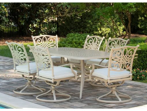 Hanover Traditions 7-Piece Outdoor Dining Set In Beige/Sand With 6 Swivel Chairs, 38x72 Cast-Top Table - Image 6