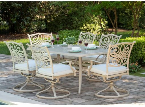 Hanover Traditions 7-Piece Outdoor Dining Set In Beige/Sand With 6 Swivel Chairs, 38x72 Cast-Top Table - Image 2