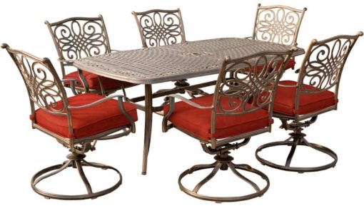 Hanover Traditions 7-Piece Outdoor Dining Set In Red/Cast With 6 Swivel Rockers, 38x72" Cast Table