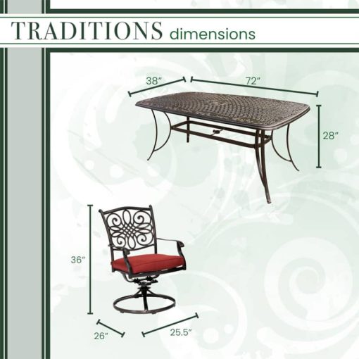 Hanover Traditions 7-Piece Outdoor Dining Set In Red/Cast With 6 Swivel Rockers, 38x72" Cast Table - Image 11
