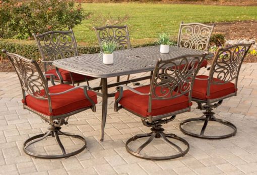 Hanover Traditions 7-Piece Outdoor Dining Set In Red/Cast With 6 Swivel Rockers, 38x72" Cast Table - Image 2