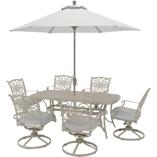Hanover Traditions 7-Piece Outdoor Dining Set In Sand/Beige With 6 Swivel Rockers, 38x72" Cast Table, Umbrella, Base