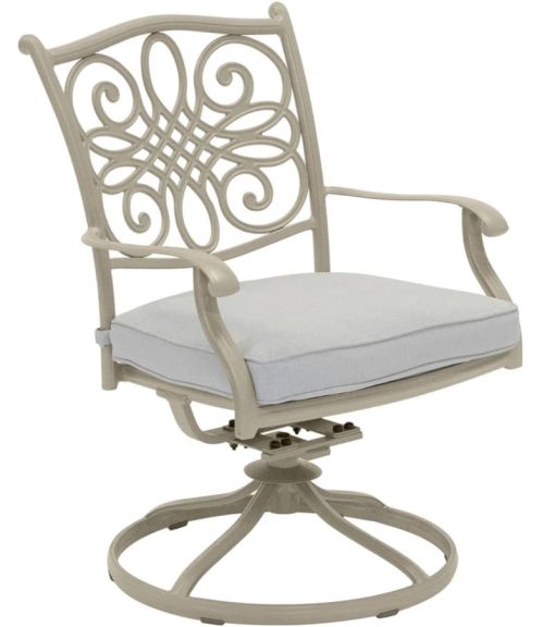 Hanover Traditions 7-Piece Outdoor Dining Set In Sand/Beige With 6 Swivel Rockers, 38x72" Cast Table, Umbrella, Base - Image 5