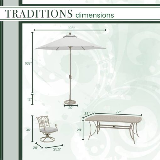 Hanover Traditions 7-Piece Outdoor Dining Set In Sand/Beige With 6 Swivel Rockers, 38x72" Cast Table, Umbrella, Base - Image 11