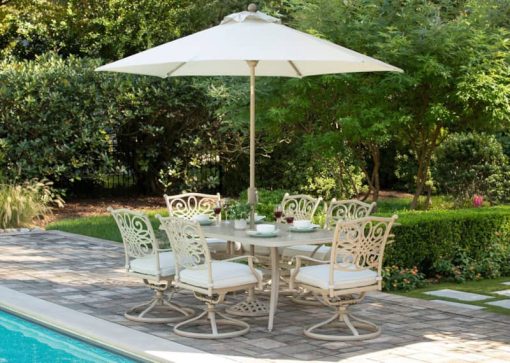 Hanover Traditions 7-Piece Outdoor Dining Set In Sand/Beige With 6 Swivel Rockers, 38x72" Cast Table, Umbrella, Base - Image 2