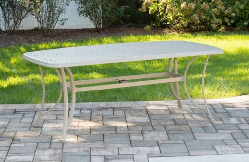 Hanover Traditions 7-Piece Outdoor Dining Set In Sand/Beige With 6 Swivel Rockers, 38x72" Cast Table, Umbrella, Base - Image 8