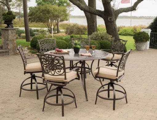 Hanover Traditions 7-Piece Outdoor Dining Set In Tan/Cast With 6 Counter Height Chair, 56" Round Cast Table - Image 2