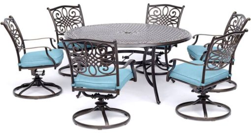 Hanover Traditions 7-Piece Dining Patio Set In Blue/Cast With 6 Swivel Rockers, 60" Round Cast Table