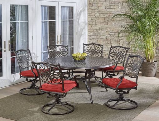Hanover Traditions 7-Piece Outdoor Dining Set In Red/Cast With 6 Swivel Rockers, 60" Round Cast Table - Image 2