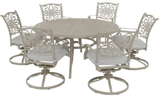 Hanover Traditions 7-Piece Outdoor Dining Set In Sand/Beige With 6 Swivel Rockers, 60" Round Cast Table