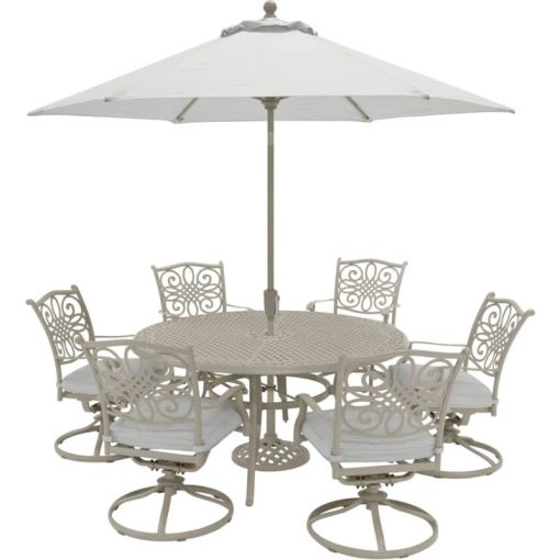 Hanover Traditions 7-Piece Outdoor Dining Set In Sand/Beige With 6 Swivel Rockers, 60" Round Cast Table, Umbrella, Base