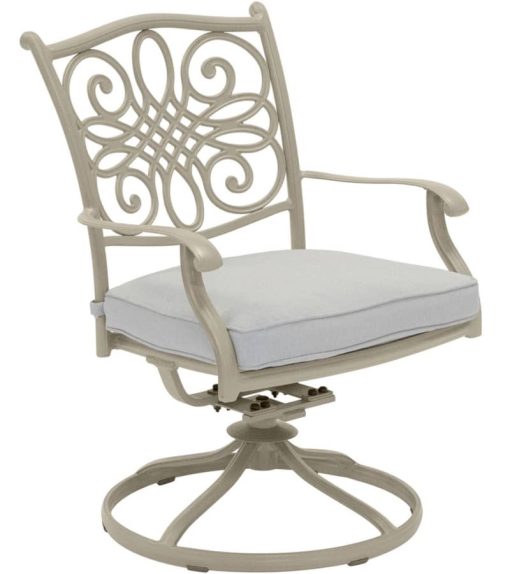 Hanover Traditions 7-Piece Outdoor Dining Set In Sand/Beige With 6 Swivel Rockers, 60" Round Cast Table, Umbrella, Base - Image 5