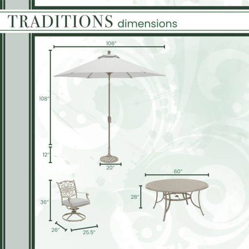 Hanover Traditions 7-Piece Outdoor Dining Set In Sand/Beige With 6 Swivel Rockers, 60" Round Cast Table, Umbrella, Base - Image 9