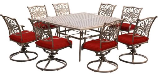 Hanover Traditions 9-Piece Outdoor Dining Set In Red/Cast With 8 Swivel Rockers, 60" Square Cast Table
