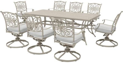 Hanover Traditions 9-Piece Outdoor Dining Set In Sand/Beige With 8 Swivel Rockers, 42x84" Cast Table