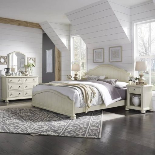 Homestyles Provence Antiqued White King Bed, Nightstand & Dresser With Mirror - Image 2