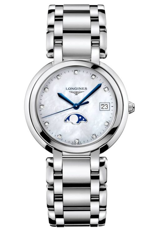 Longines PrimaLuna Moon Phase White Mother-Of-Pearl Dial Watch, Stainless Steel Bracelet, 34mm