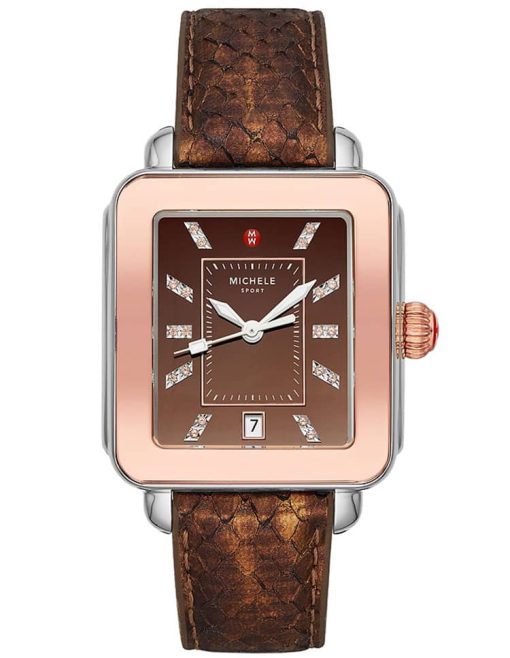 Michele Deco Madison Brown w/ Pink 18K Topaz Dial Brown Python Leather Strap Watch, 34mm