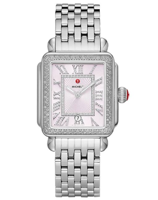 Michele Deco Madison Lilac Sunray w/ Diamond  Dial Silver Bracelet Watch, 33mm