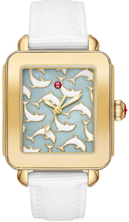 Michele Deco Sport Seafoam MOP Dolphin Pattern Dial White Ocean Material Strap Watch, 34mm