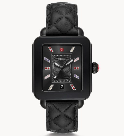 Michele Deco Sport Quartz Black Leather Watch, Black Dial, 34mm