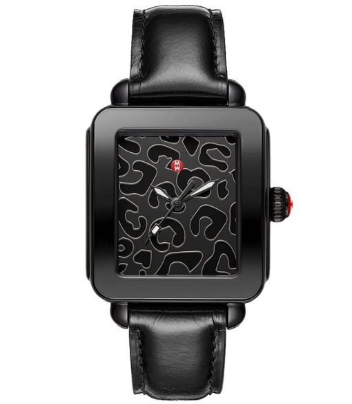 Michele Deco Sport Noir Black Cheetah Print Dial Leather Strap Watch, 36mm