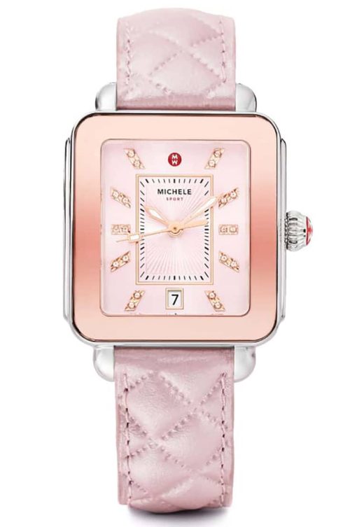 Michele Deco Sport Pink Sunray w/ Rose Topaz Dial Lilac Quilted Leather Strap Watch, 33mm