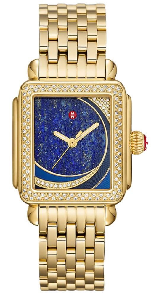 Michele Limited Edition Deco Diamond Blue Lapis Pattern Dial Gold-Tone SS Bracelet Watch, 33mm