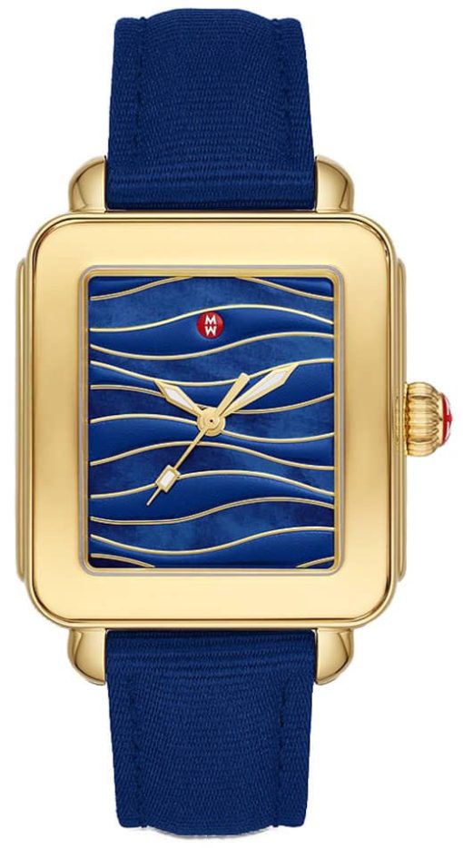 Michele Sport Midnight MOP w/ Waves Dial & Grosgrain-Textured Strap Watch, 34mm