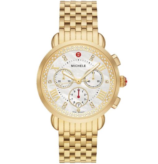 Michele Sport Sail Chronograph White MOP w/ Diamond Dial Gold Stainless Steel Watch, 38mm
