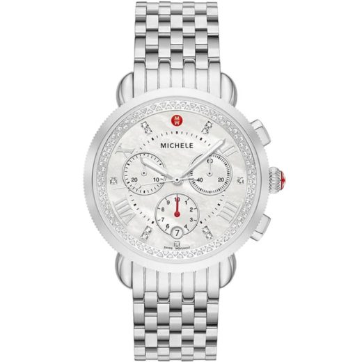 Michele Sport Sail Chronograph White MOP w/ Diamond Dial Silver Stainless Steel Watch, 38mm
