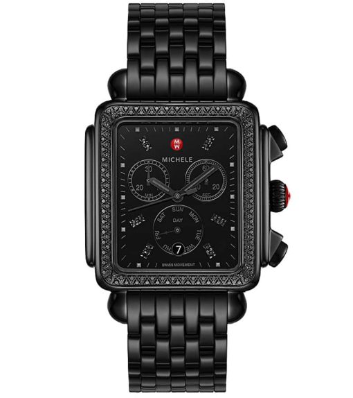 Michele Deco XL Noir Chronograph Black w/ Diamond Dial & Bracelet Watch, 35mm