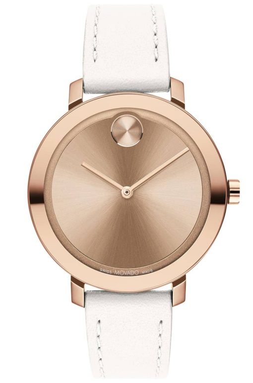 Movado BOLD Evolution Pale Rose Gold IP Dial White Leather Strap Watch, 34mm