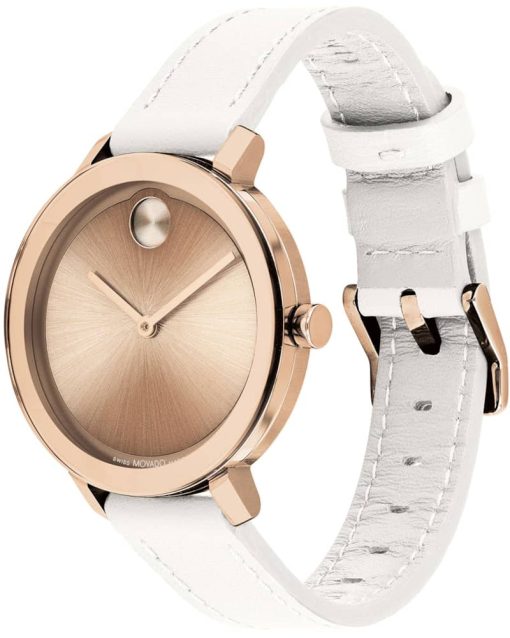Movado BOLD Evolution Pale Rose Gold IP Dial White Leather Strap Watch, 34mm - Image 2