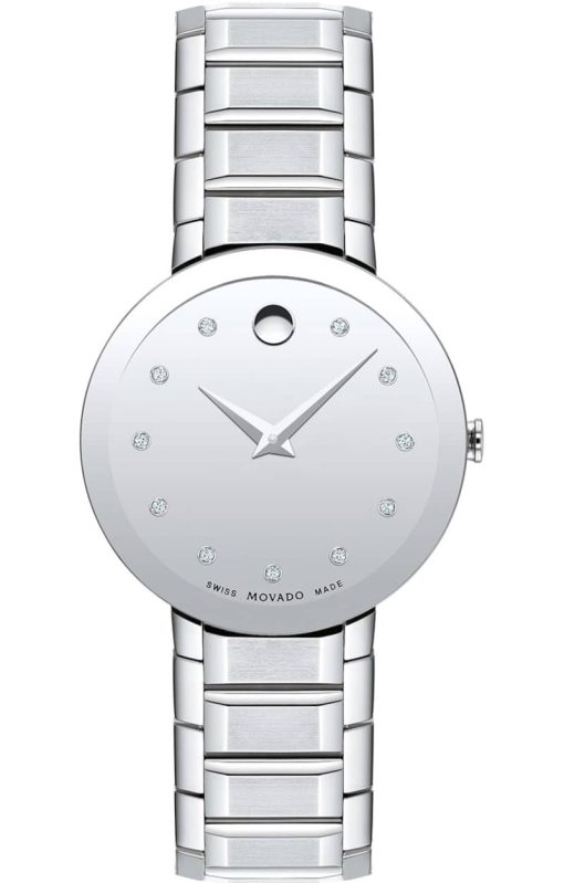 Movado Sapphire Silver Mirror Dial Stainless Steel Bracelet Watch, 28mm
