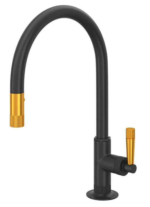 Rohl Graceline Matte Black Pulldown Kitchen Faucet With Gold Lever Handle