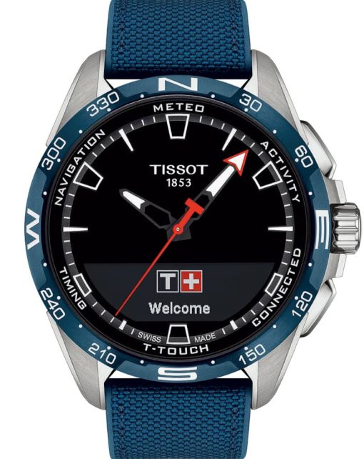 Tissot T-Touch Connect Solar Black Dial Blue Leather/Textile Strap Watch, 47.5mm