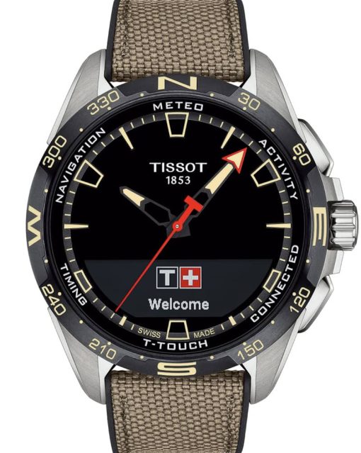 Tissot T-Touch Connect Solar Black Dial Beige Leather/Textile Strap Watch, 47.5mm