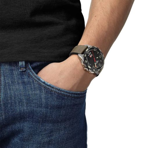 Tissot T-Touch Connect Solar Black Dial Beige Leather/Textile Strap Watch, 47.5mm - Image 4