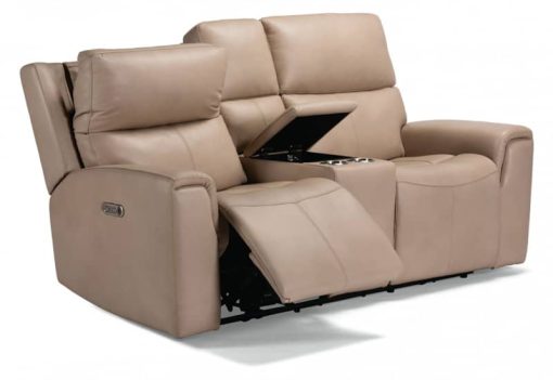 Flexsteel Jarvis Parchment Leather Power Reclining Loveseat With Console & Power Headrests - Image 2