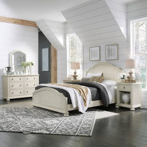Homestyles Provence Antiqued White Queen Bed, 2 Nightstands & Dresser w/ Mirror