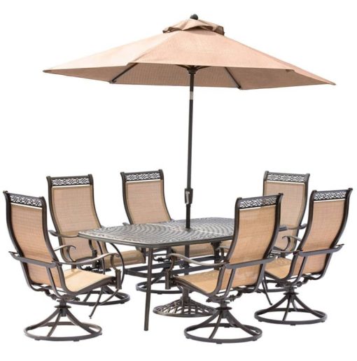 Hanover Manor 7-Piece Outdoor Dining Set With Six Swivel Rockers, A Cast-Top Dining Table, A 9 Ft. Umbrella And Umbrella Stand