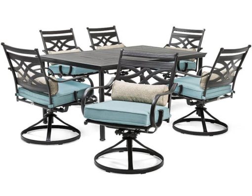 Hanover Montclair 7-Piece Dining Set In Ocean Blue With 6 Swivel Rockers And A 40" x 67" Dining Table