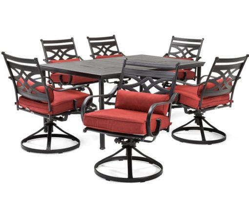 Hanover Montclair 7-Piece Dining Set In Chili Red With 6 Swivel Rockers And A 40" x 67" Dining Table