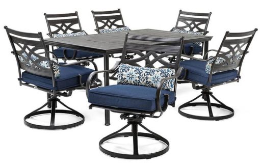 Hanover Montclair 7-Piece Dining Set In Navy Blue With 6 Swivel Rockers And A 40" x 67" Dining Table